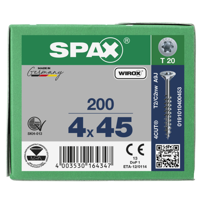 Spax spaanplaatschroeven T20 verzinkt 4 x 45 mm deeldraad