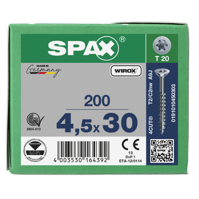 Spax spaanplaatschroeven T20 verzinkt 4.5 x 30 mm deeldraad 200 stuks