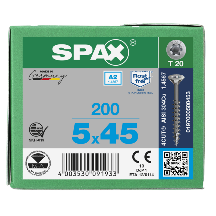 Spax spaanplaatschroeven T20 RVS A2 5 x 45 mm deeldraad 200 stuks