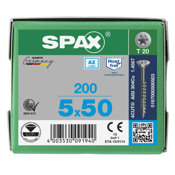 Spax spaanplaatschroeven T20 RVS A2 5 x 50 mm deeldraad 200 stuks