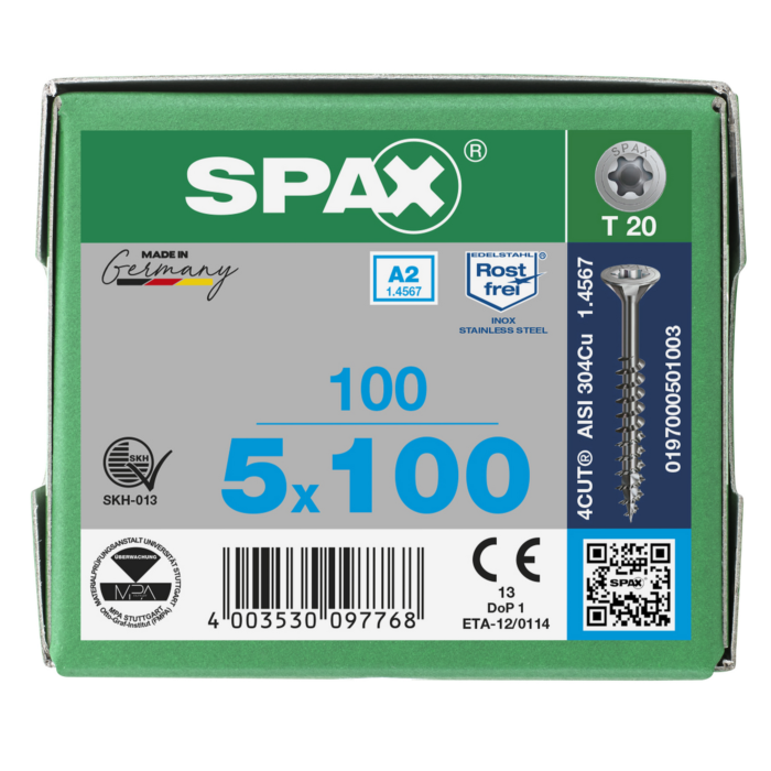 Spax spaanplaatschroeven T20 RVS A2 5 x 100 mm deeldraad 100 stuks