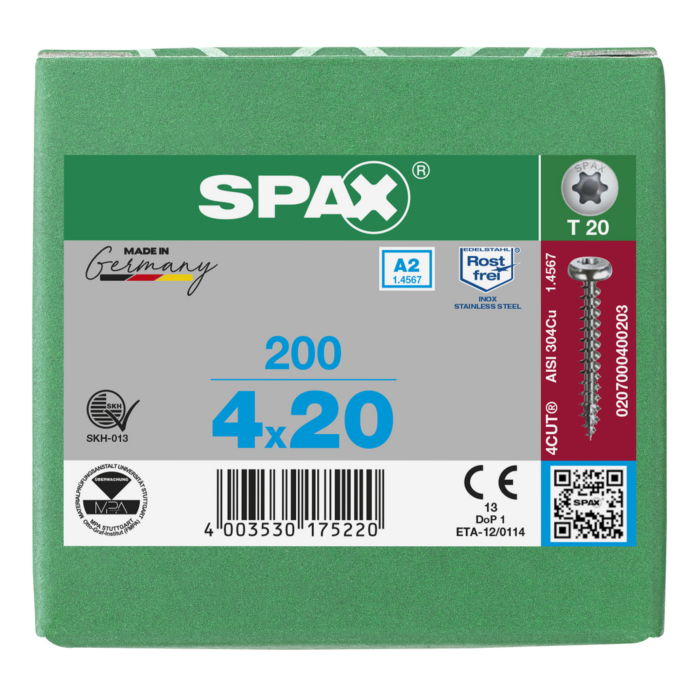 Spax spaanplaatschroeven T20 cilinderkop RVS A2 4 x 20 mm voldraad 200 stuks