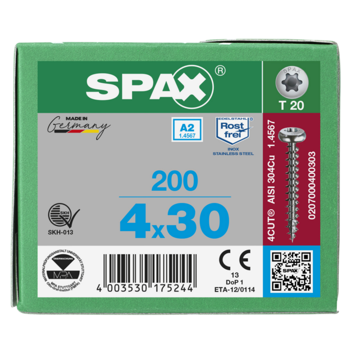 Spax spaanplaatschroeven T20 cilinderkop RVS A2 4 x 30 mm voldraad 200 stuks