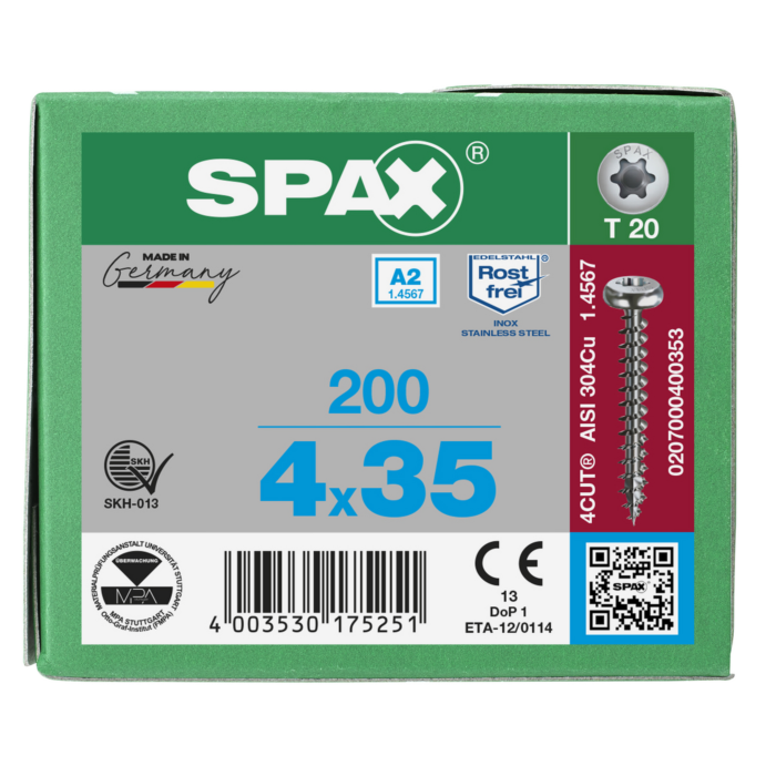 Spax spaanplaatschroeven T20 cilinderkop RVS A2 4 x 20 mm voldraad 200 stuks