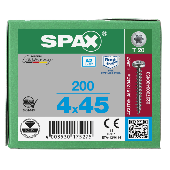 Spax spaanplaatschroeven T20 cilinderkop RVS A2 4 x 45 mm voldraad 200 stuks