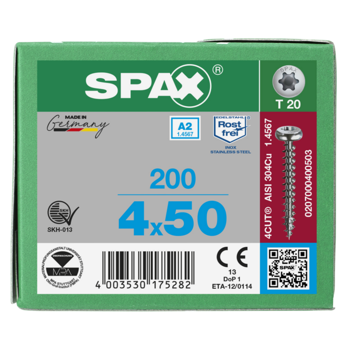 Spax spaanplaatschroeven T20 cilinderkop RVS A2 4 x 50 mm voldraad 200 stuks