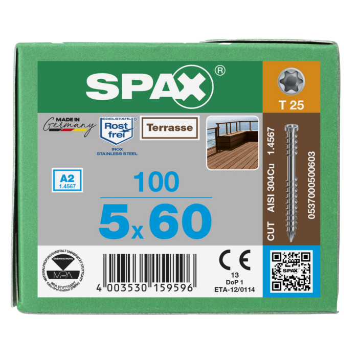 Spax vlonderschroeven T25 RVS A2 5 mm x 60 mm