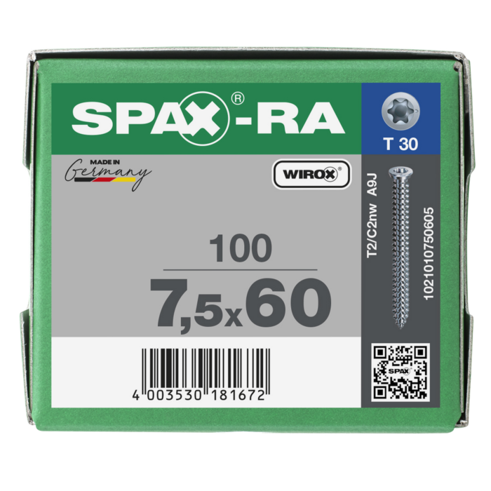 Spax kozijnschroeven T30 verzinkt 7.5 x 60 mm voldraad