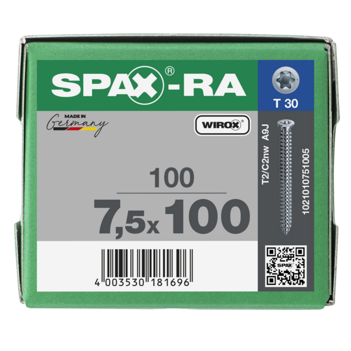 Spax kozijnschroeven T30 verzinkt 7.5 x 100 mm voldraad