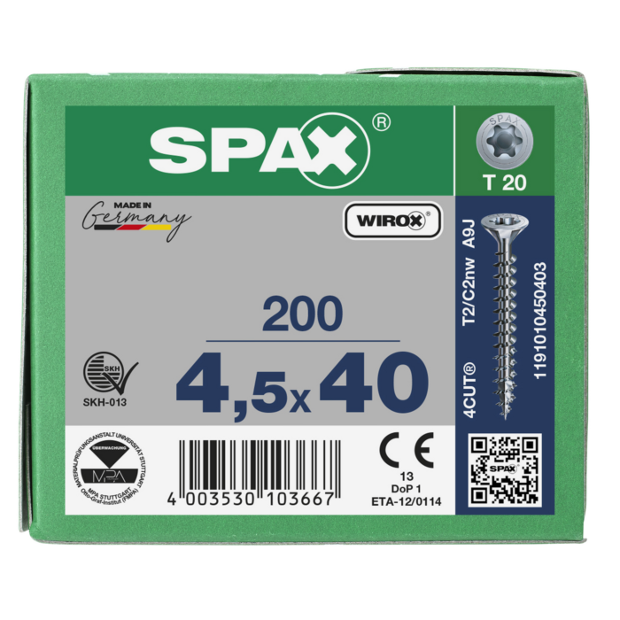 Spax spaanplaatschroeven T20 verzinkt 4.5 x 40 mm voldraad