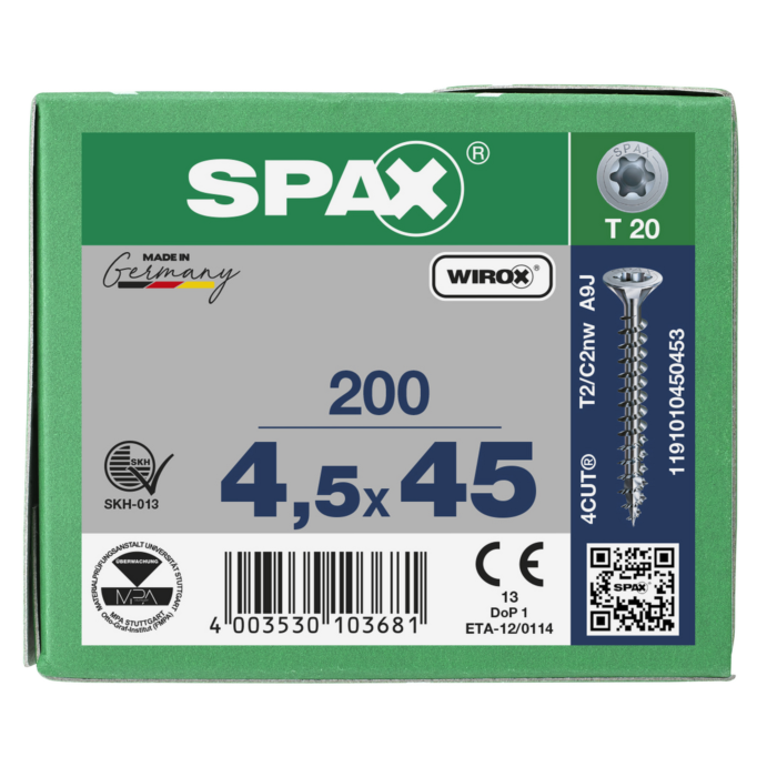 Spax spaanplaatschroeven T20 verzinkt 4.5 x 45 mm voldraad