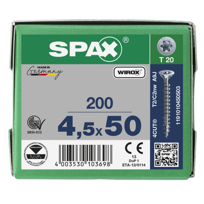 Spax spaanplaatschroeven T20 verzinkt 4.5 x 50 mm voldraad