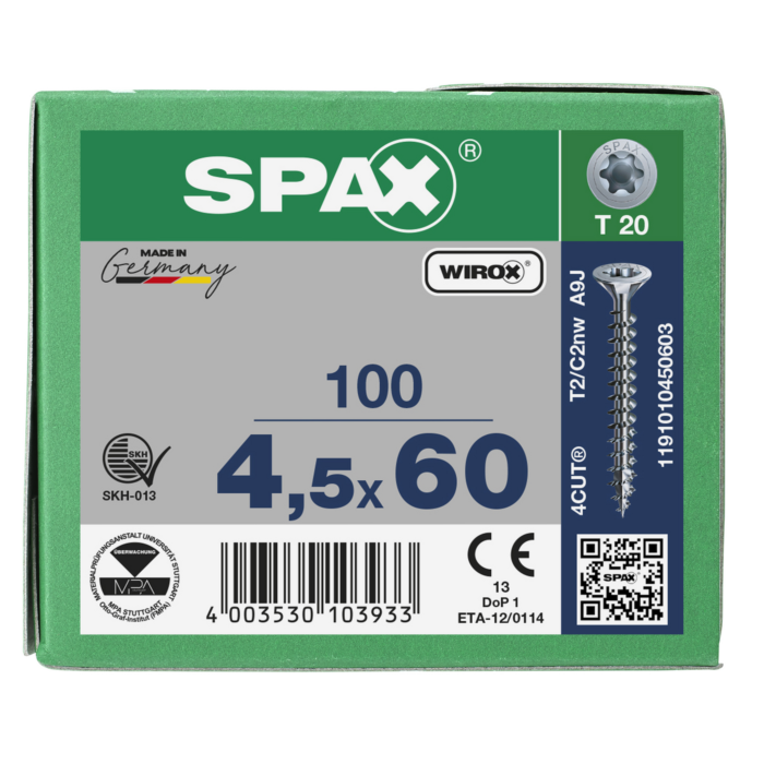 Spax spaanplaatschroeven T20 verzinkt 4.5 x 60 mm voldraad