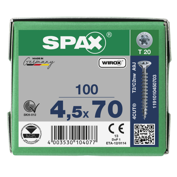 Spax spaanplaatschroeven T20 verzinkt 4.5 x 70 mm voldraad 