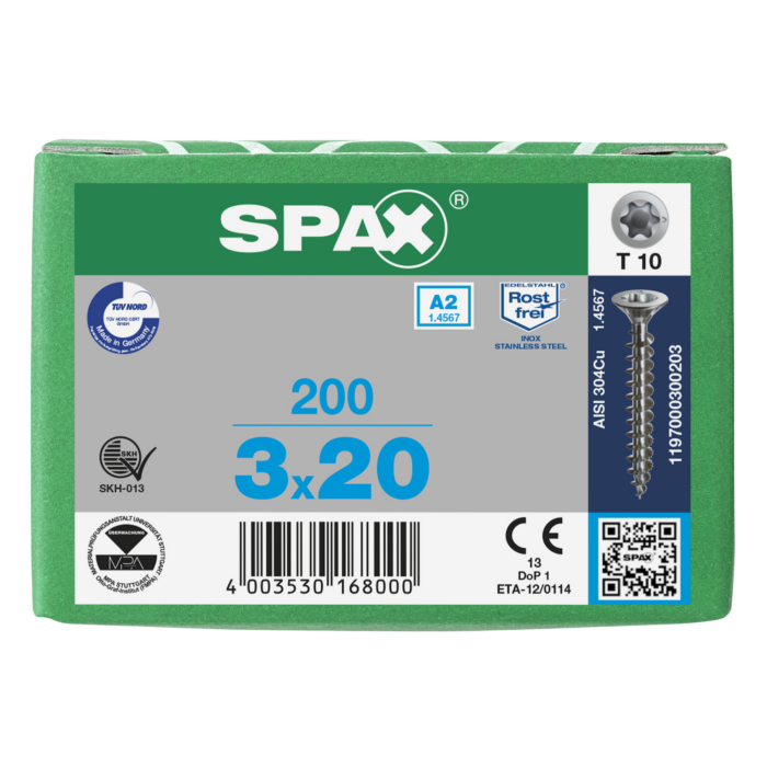 Spax spaanplaatschroeven T10 RVS A2 3 x 20 mm voldraad