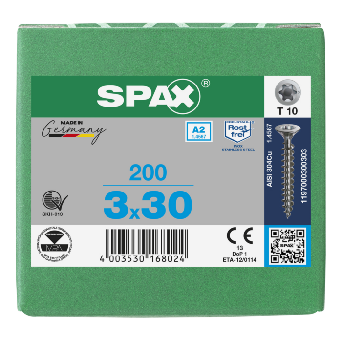 Spax spaanplaatschroeven T10 RVS A2 3 x 30 mm voldraad