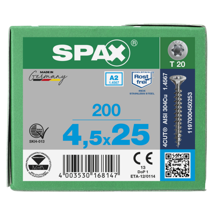 Spax spaanplaatschroeven T20 RVS A2 4.5 x 25 mm voldraad 200 stuks