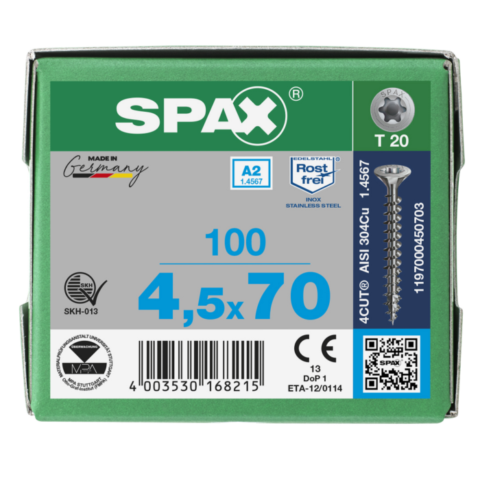 Spax spaanplaatschroeven T20 RVS A2 4.5 x 70 mm voldraad