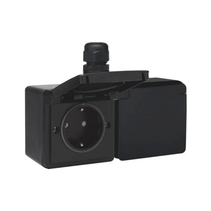 Niko new hydro zwarte spuitwaterdichte wandcontactdoos 2-voudig horizontaal