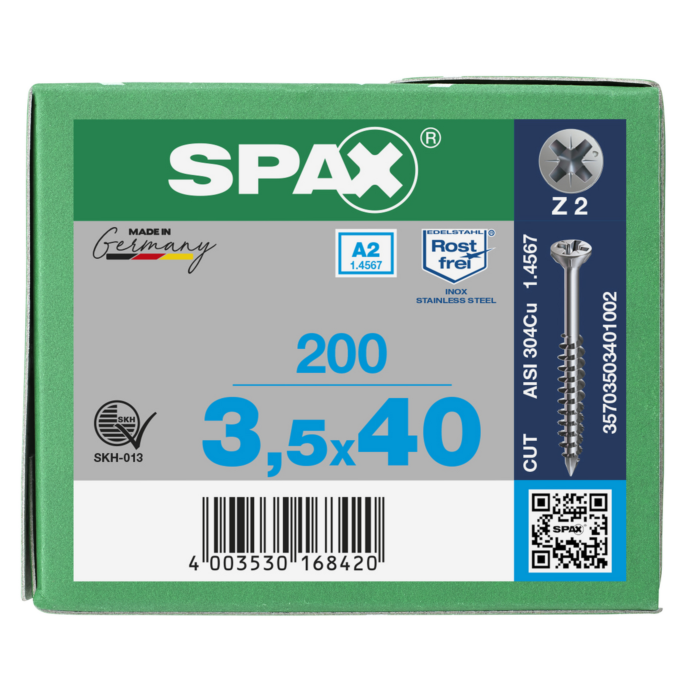 Spax glaslatschroeven Z2 RVS A2 3.5 x 40 mm deeldraad