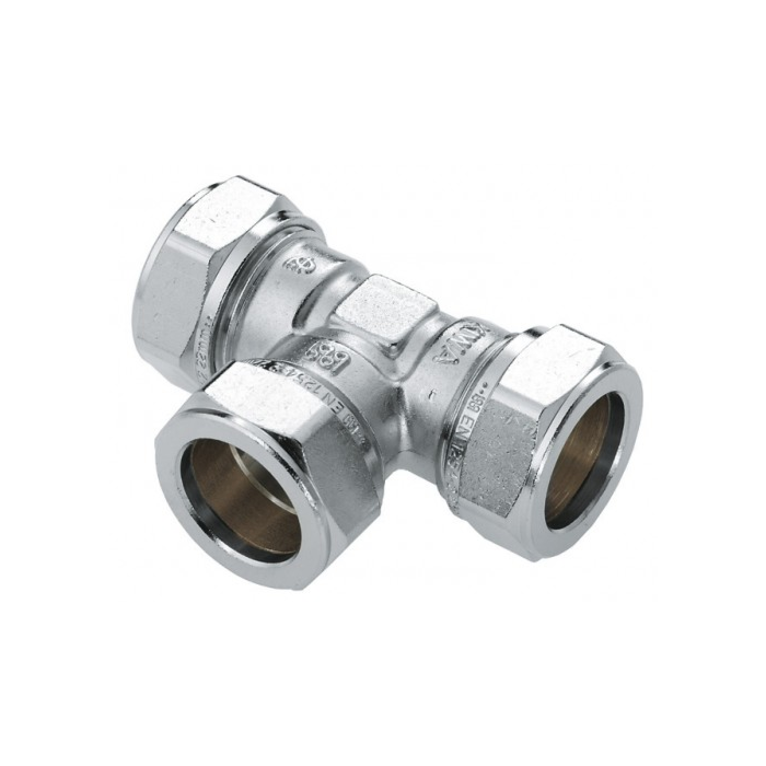 Bonfix messing T-stuk 3 x knel 90° vernikkeld