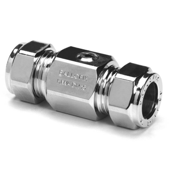 Verchroomde kogelafsluiter 2 x knel 15 mm