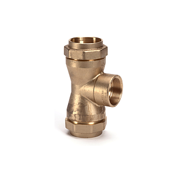 Messing t-stuk koppeling 90° 2x klem x binnendraad