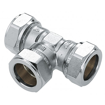 Bonfix messing T-stuk 3 x knel 90° vernikkeld